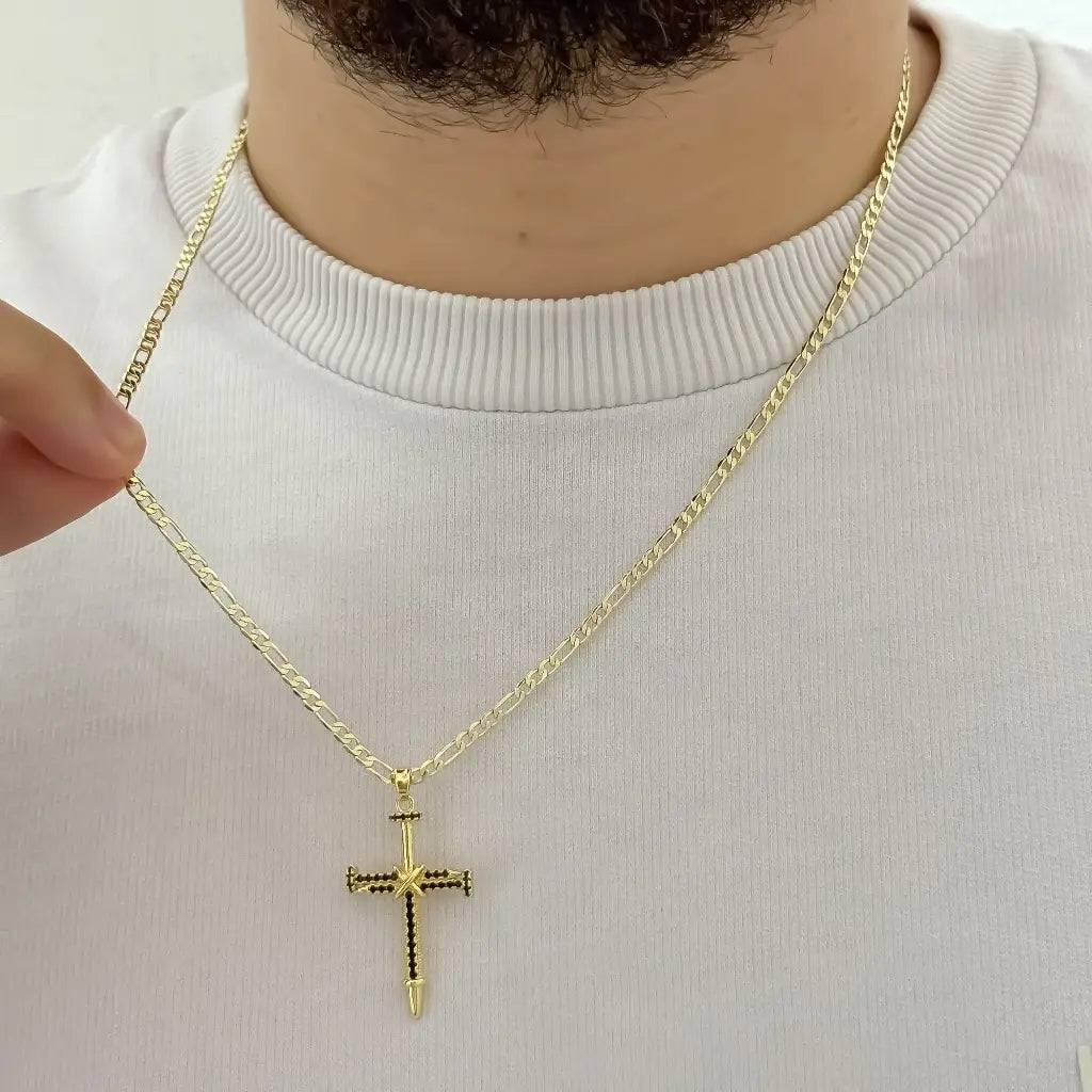 Cadena Hombre Tejido Catier 60cm -3mm de Grosor + Cruz Clavo Micro circones Negro en Oro Laminado 18k con garantia de por vida
