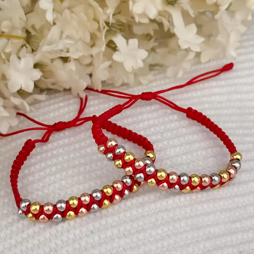 2 Pulseras para Parejas Balin 4mm Liso Doble Carrile en 3 oros en Hilo Rojo union inquebrantable en oro Laminado 18k con garantia de por vida