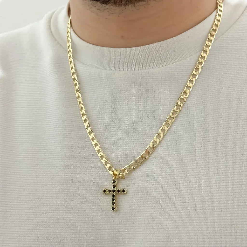 Cadena Cubana Gruesa de Hombre de 60cm + Cruz trebol Negro con micro circones en Oro Laminado 18k con garantia de por vida