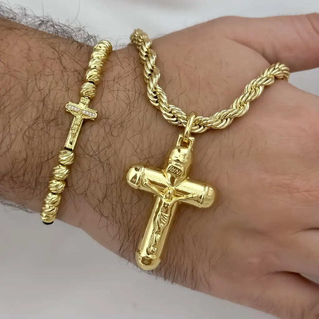 Juego de cadena lazo Gruesa de 60cm de 5mm de Grosor + Cruz Cristo madero grande + Pulsera cruz madero Balin Italiano de 5mm en Oro Laminado 18k con garantia de por vida