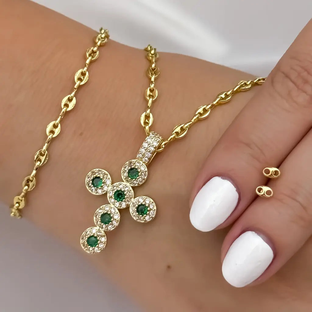 Juego de Cadena Tejido Gucci de Dama de 45cm de 3mm de Grosor + Cruz verde Esmeralda + Topo Gucci + Pulsera Gucci en oro Laminado 18k con Garantia de por vida