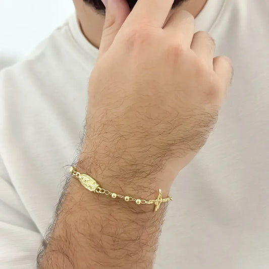 Pulsera Doble Proteccion de Virgen Guadalupe + Cristo Madero en Oro Laminado 18k con Garantia de por vida