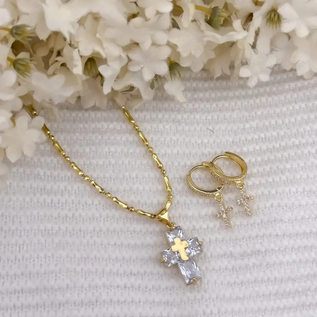 Cadena militar Palito Balin de 3mm de Grosor para Dama de 45cm + Cruz cristal  Protección  + Candongas Cruz en Oro Laminado 18k con Garantia de por vida