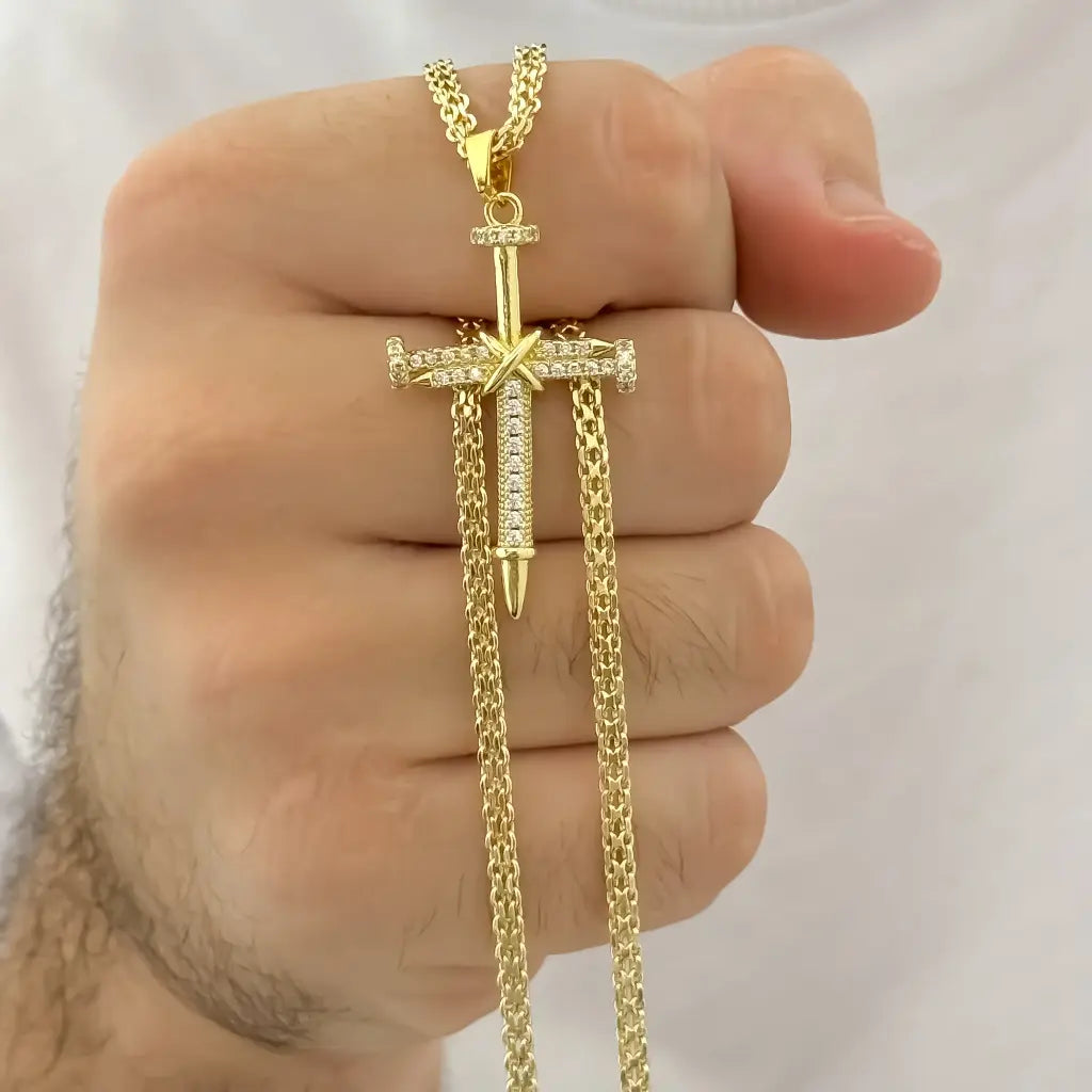 Cadena Tejido chino de hombre de 60cm de 3mm de grosor + Cruz Clavo de micro circones  cristal en Oro Laminado 18k con Garantia de por vida