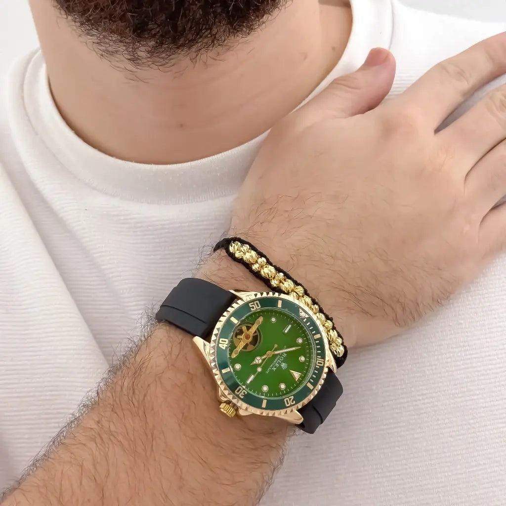 Pulsera Doble Tejido Macrame en Balin italiano de 5mm en oro Laminado 18k con Garantia de por vida + Reloj Rolex  de Alta Calidad  con Garantia de por vida