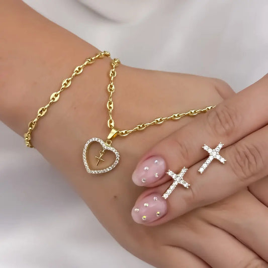 Juego de Cadena Tejido Gucci de Dama de 45cm de 3mm de Grosor + Pulsera Tejido Gucci de 18cm + Cruz Corazon + Topo Cruz  en Oro Laminado 18k con Garantia de por vida