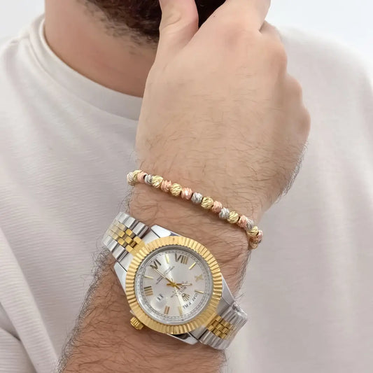Pulseras de 3 oros Balin Italiano  de 6mm de Grosor + Reloj de Alta Gama Rolex Platiado vicolor Amarillo en Oro Laminado 18k con Garantia de por vida